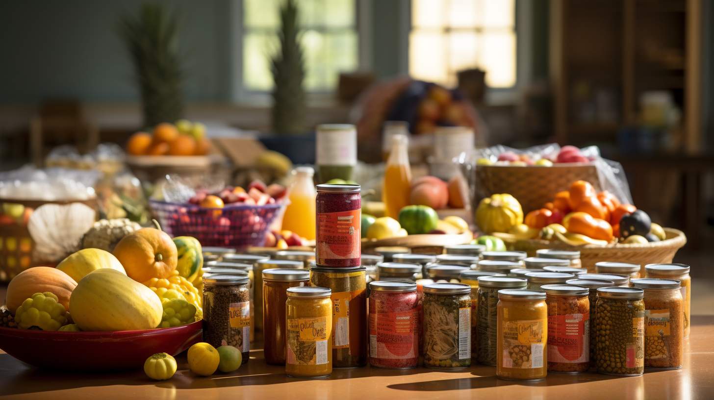 A large tble with essential donated food items like Canned Fruits and Vegetables, whole grains and protein rich items ready to be sorted for a community pantry